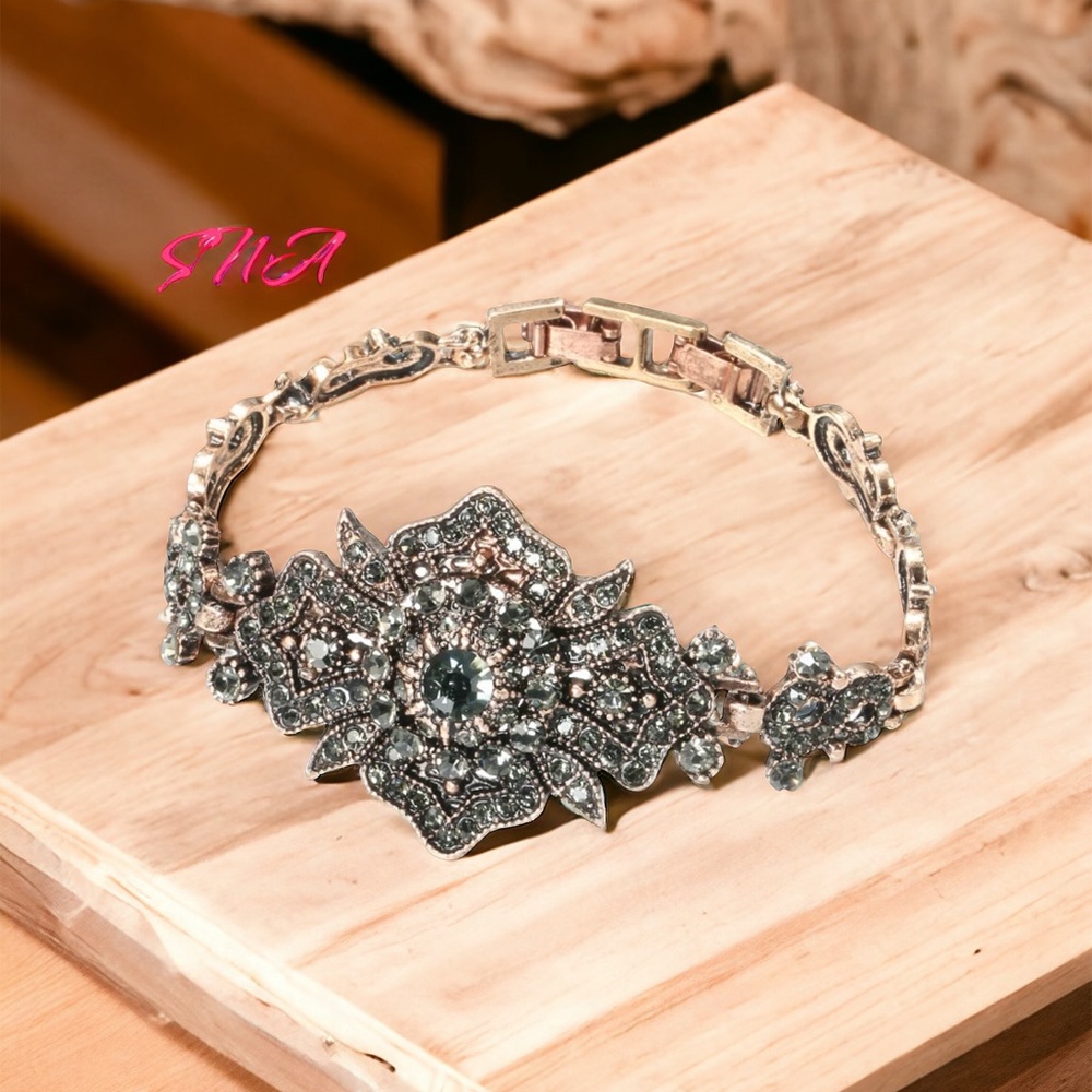 "Boho Antique Gold Link Bracelet with Gray Crystal Accents"
